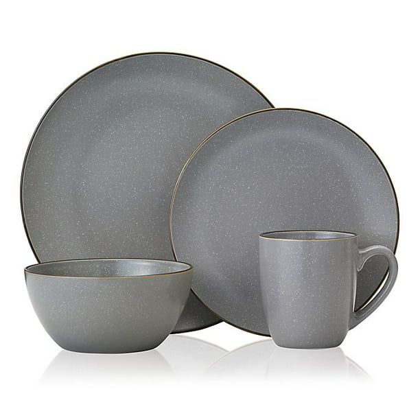 Dinnerware Set For 4 Brushstroke 16-Pc Dark Blue Grey Stoneware Microwave Safe